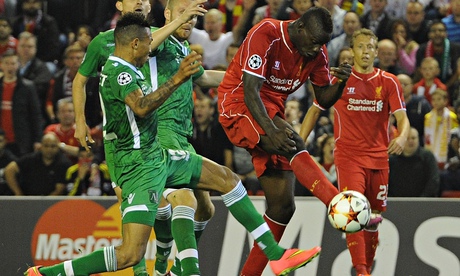 Mario Balotelli scores Liverpool's opening goal in the 2-1 win over Ludogorets Razgradon at Anfield.