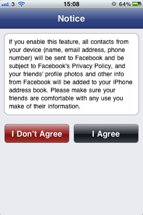 Facebook iPhone app warning