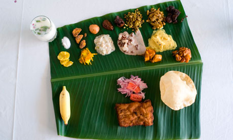 Keralan thali feast on a banana leaf.