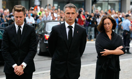 Norwegian PM Jens Stoltenberg arrives for a memorial service at a cathedral in Oslo, Norway